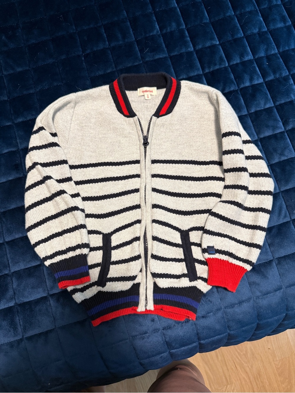 Catimini Cream Zip-Front Knit Sweater with Navy & Red Trim